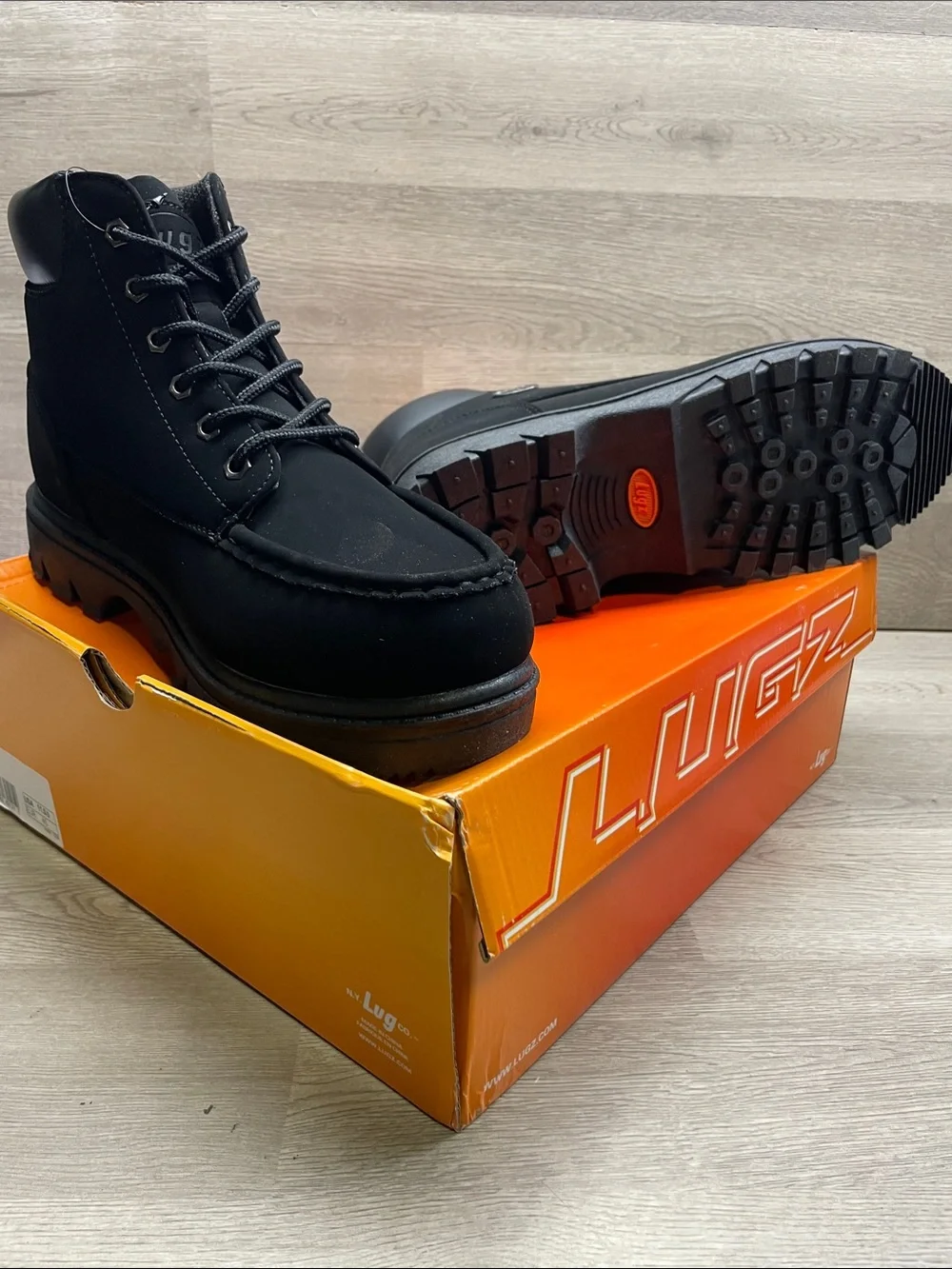 Lugz Black Moc Toe Lace-Up Work Boot with Lug Sole #676